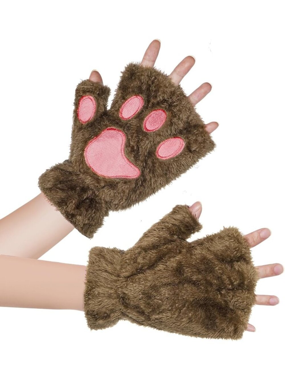 Women's Beige Fluffy winter mittens soft pink cat paw half-finger Gloves